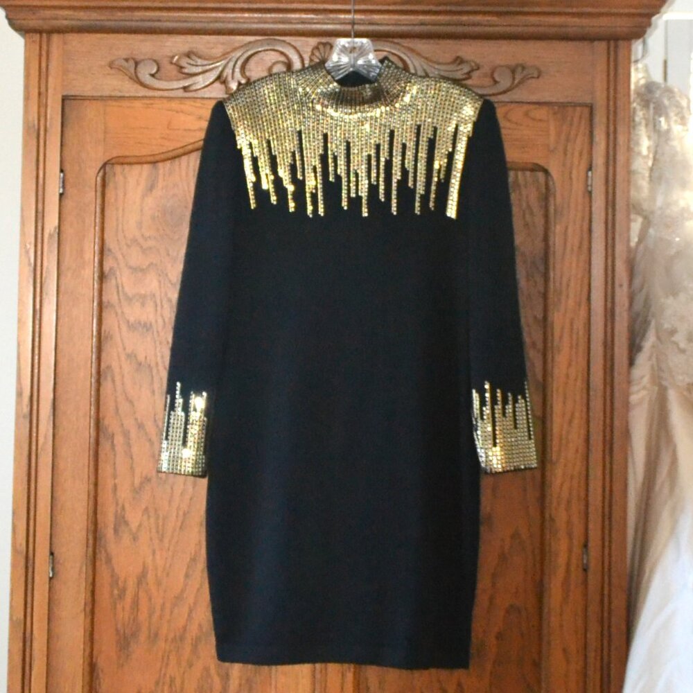 ST JOHN Evening Black with Silver & Gold Paillette Embellished Mock Neck Dress 6